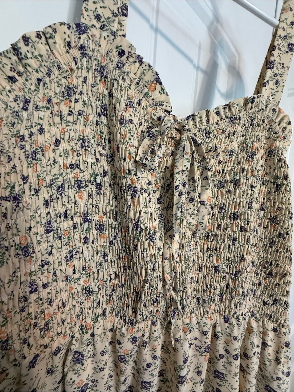 Beige Floral Smocked Midi Dress - Picture 2 of 9